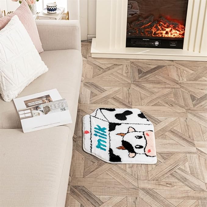 Milk Cow Bathroom Rugs Milk Box Shaped Animals Non Slip Cute Bath Rug Soft Absorbent Microfiber Bathtub Door Mat for Bathroom Kitchen Floor Tub Shower Rug Black White - LeafyLoom