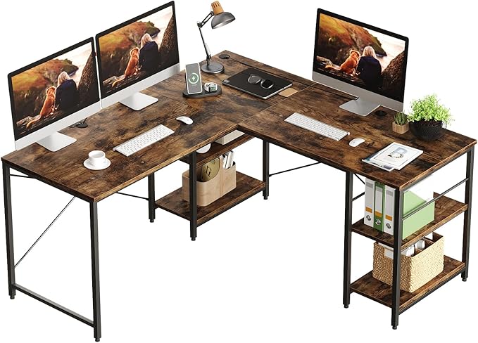 Bestier L Shaped Desk, 95.2 Inch Reversible Corner Computer Desk with Shelves, 2 Person Long Table for Home Office, Large Writing Storage Workstation with 3 Cable Holes, Rustic Brown - LeafyLoom