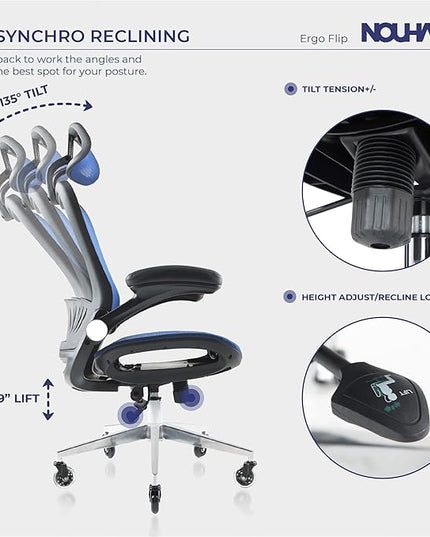 Nouhaus ErgoFlip Ergonomic Office Chair - Mesh Office Chair with Adjustable Headrest, Lumbar Support & Blade Wheels - Executive Swivel Desk Chair, Gaming Chair for Comfort and Durability (Blue) - LeafyLoom