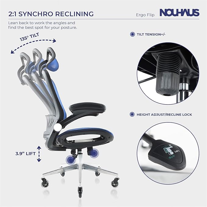 Nouhaus ErgoFlip Ergonomic Office Chair - Mesh Office Chair with Adjustable Headrest, Lumbar Support & Blade Wheels - Executive Swivel Desk Chair, Gaming Chair for Comfort and Durability (Blue) - LeafyLoom