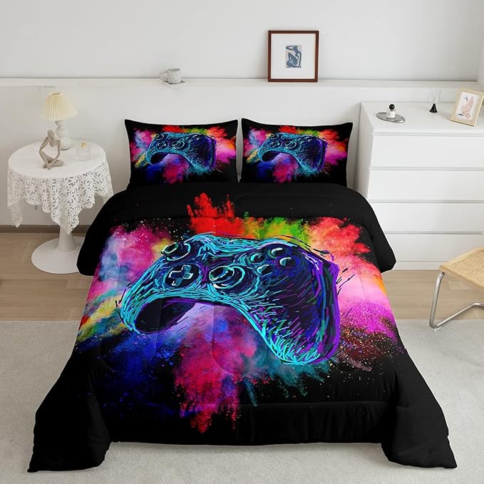 Kids Gamer Twin Size Comforter Set For Boys Teen Gaming Bedding Sets Video Game Room Deocr Girls Colorful Tie Dye Bed Set Navy Blue Gamepad Soft Lightweight Comforter For All Season 1 Pillowcase - LeafyLoom