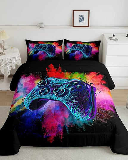 Erosebridal Boys Gaming Bed Comforter Set Queen Size,Kids Gamer Bedding Sets Girls,Colorful Tie Dye Video Game Quilt Comforter Navy Blue Gamepad Lightweight Bedding Set 1 Comforter with 2 Pillowcases - LeafyLoom