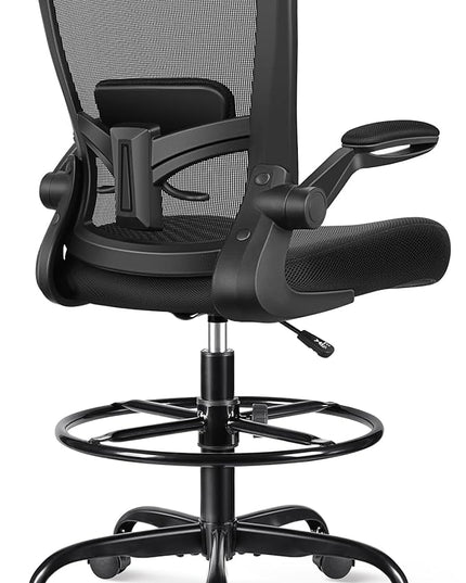 FelixKing Drafting Chair Ergonomic Tall Office Chair, Breathable Mesh Chair with Adjustable Footrest Ring Lumbar Support Flip-up Armrests, High Back Executive Comfy Task Computer Chair for Home Office - LeafyLoom