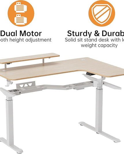 EUREKA ERGONOMIC Standing Desk Adjustable Height 61" Electric Sit Stand Computer Desk L Shaped with Keyboard Tray,Monitor Stand &LED, Dual Motor Memory Presets Sit to Desk Adjustable Desk, Right/Maple - LeafyLoom