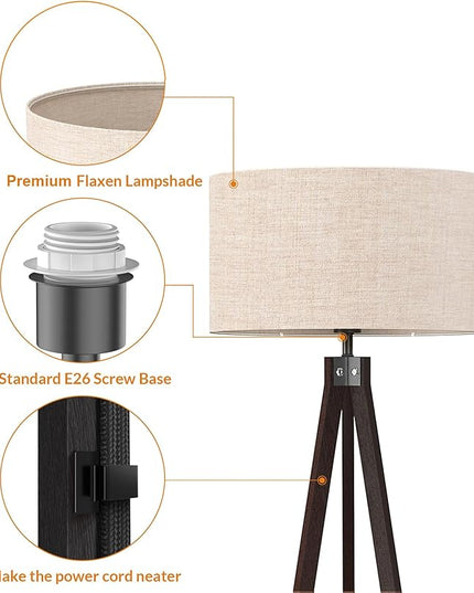 LEPOWER Wood Floor Lamp Tripod, Modern Design Mid Century Standing Lamps for Living Room,Bedroom and Office, Flaxen Lamp Shade with E26 Lamp Base Black - LeafyLoom