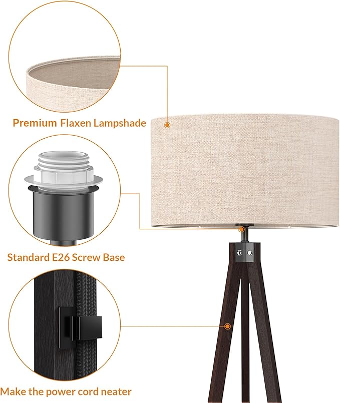 LEPOWER Wood Floor Lamp Tripod, Modern Design Mid Century Standing Lamps for Living Room,Bedroom and Office, Flaxen Lamp Shade with E26 Lamp Base Black - LeafyLoom