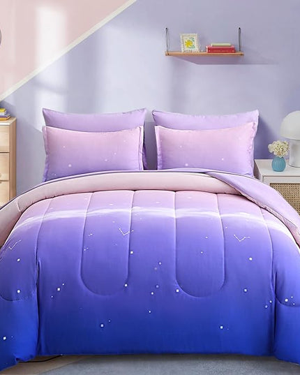 Dinjoy Girls Comforter Set Full Size Colorful Rainbow Ombre Purple Lavender Pink Bedding Set Gradient 7 Pieces Bed in A Bag for Kids Teen Girl Women(1 Comforter, 1 Flat Sheet, 1 Fitted Sheet) - LeafyLoom