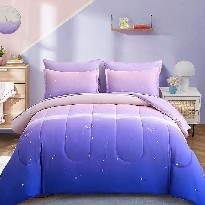 Dinjoy Girls Comforter Set Full Size Colorful Rainbow Ombre Purple Lavender Pink Bedding Set Gradient 7 Pieces Bed in A Bag for Kids Teen Girl Women(1 Comforter, 1 Flat Sheet, 1 Fitted Sheet) - LeafyLoom