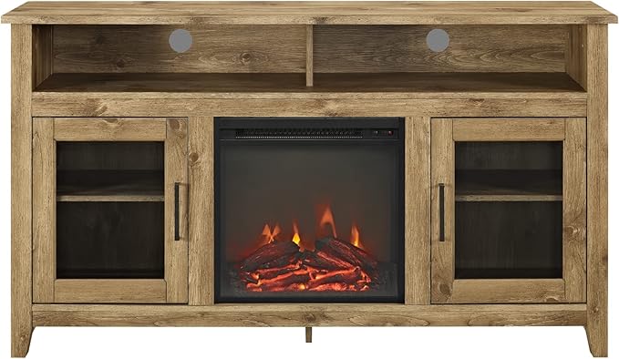 Walker Edison Glenwood Rustic Farmhouse Glass Door Highboy Fireplace TV Stand for TVs up to 65 Inches, 58 Inch, Barnwood - LeafyLoom