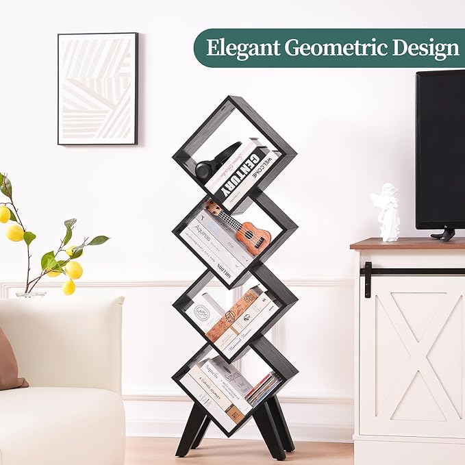 Yoobure Black Bookshelf - Small Book Shelf, 4-Tier Tall Bookcases Book Organizer, Industrial Bookshelves Floor Standing for CDs/Books in Small Spaces, Bedroom, Living Room, Home Office - LeafyLoom
