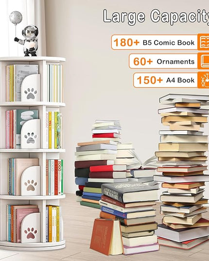 LEYUKEJI 360°Rotating Bookshelf 3-Tier Large Capacity 18" Diameter Kids Bookshelf PVC Plastic Display Cabinet,Corner Bookcase Space Saving Round Spinning Storage Rack With Small Silicone Hammer,White - LeafyLoom