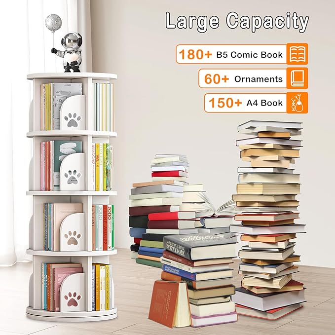 LEYUKEJI 360°Rotating Bookshelf 4-Tier Large Capacity 18" Diameter Kids Bookshelf PVC Plastic Display Cabinet,Corner Bookcase Space Saving Round Spinning Storage Rack With Small Silicone Hammer,White - LeafyLoom