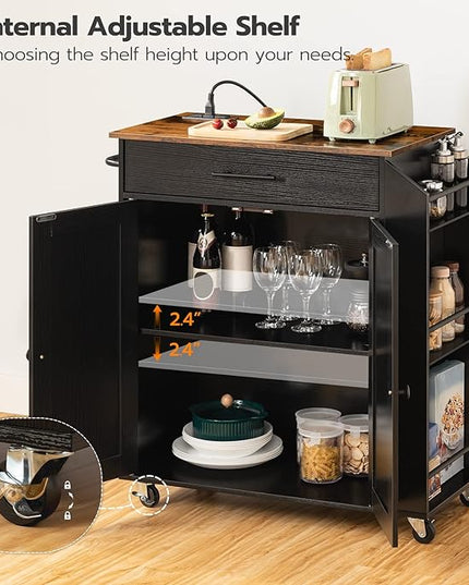 HOOBRO Kitchen Island with Power Outlet, Kitchen Storage Island with Spice Rack and Drawer, Rolling Kitchen Cart on Wheels, for Home, Kitchen and Dining Room, Rustic Brown and Black BF82UZD01G1 - LeafyLoom