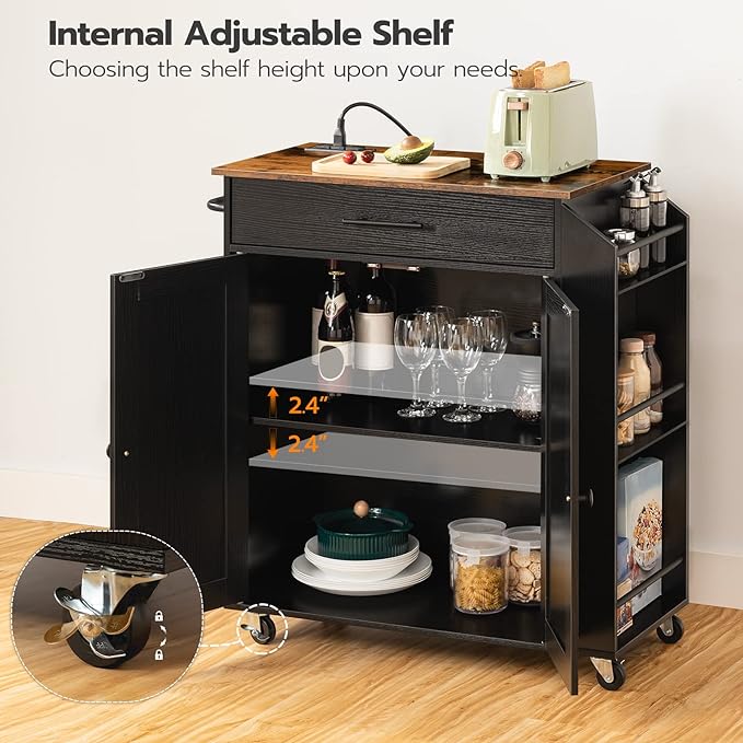 HOOBRO Kitchen Island with Power Outlet, Kitchen Storage Island with Spice Rack and Drawer, Rolling Kitchen Cart on Wheels, for Home, Kitchen and Dining Room, Rustic Brown and Black BF82UZD01G1 - LeafyLoom