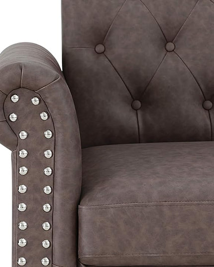 Furinno Bastia Vintage Modern Chesterfield Button Tufted 3-Seater Sofa Couch for Living Room, Brown Faux Leather - LeafyLoom