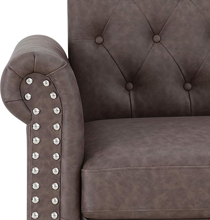 Furinno Bastia Vintage Modern Chesterfield Button Tufted 3-Seater Sofa Couch for Living Room, Brown Faux Leather - LeafyLoom