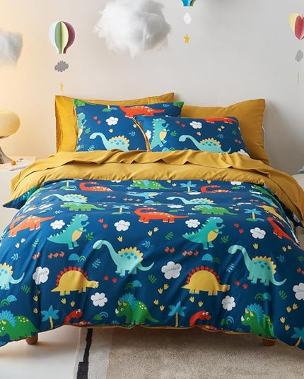 Wake In Cloud - Dinosaur Bedding Set for Boys, Cute Colorful Dinosaur Comforter Set with Sheets, 5 Pieces Kids Bed in a Bag, Navy Blue, Twin Size - LeafyLoom