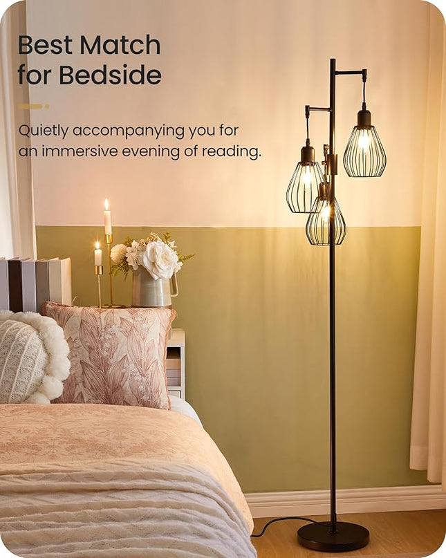 Farmhouse Dimmable Floor Lamp, Industrial Tall Standing Tree Lamp with 3 Elegant Teardrop Cage Heads, 4W 3 LED Bulbs Included, Rustic Standing Lamp for Living Room, Bedroom, Black B01LD05 - LeafyLoom
