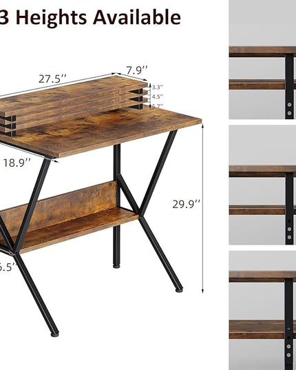 COTUBLR Small Desk, 27.5 Inch Small Computer Desk for Small Spaces, Computer Desk with Adjustable Monitor Stand, Compact Desk with Storage, Tiny Desk Study Desk for Bedroom Home Office, Rustic Brown - LeafyLoom