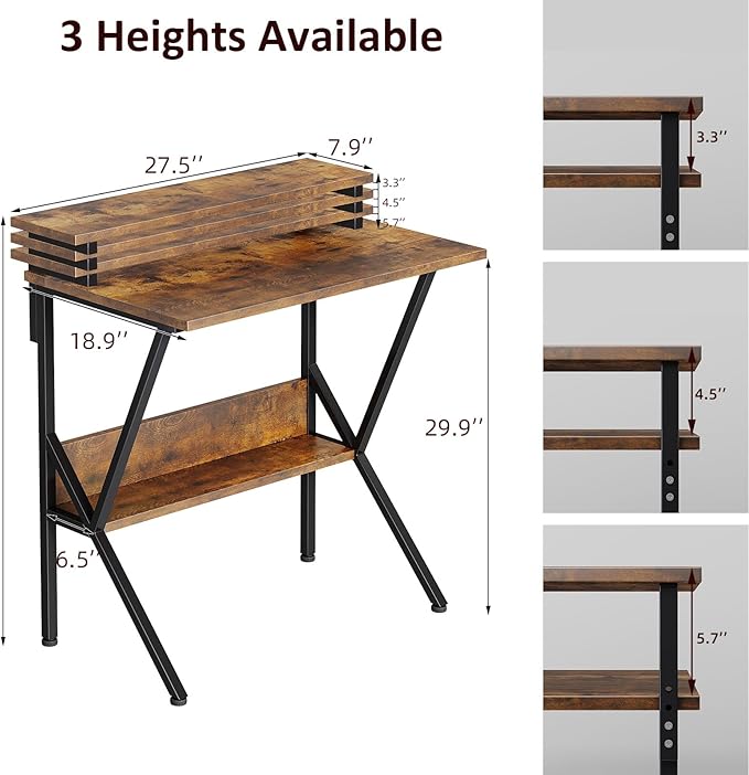 COTUBLR Small Desk, 27.5 Inch Small Computer Desk for Small Spaces, Computer Desk with Adjustable Monitor Stand, Compact Desk with Storage, Tiny Desk Study Desk for Bedroom Home Office, Rustic Brown - LeafyLoom