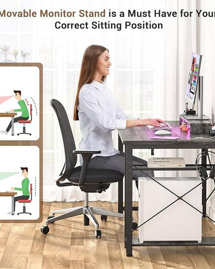 armocity Computer Desk with LED Lights, Gaming Desk with Power Outlet and USB, 40 Reversible Laptop Table with Moveable Monitor Stand, Small Desk for Small Spaces, Office, Gaming Room, Grey - LeafyLoom