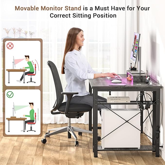 armocity Computer Desk with LED Lights, Gaming Desk with Power Outlet and USB, 40 Reversible Laptop Table with Moveable Monitor Stand, Small Desk for Small Spaces, Office, Gaming Room, Grey - LeafyLoom