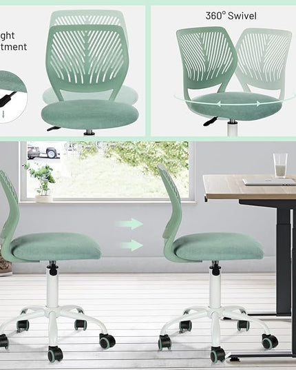 Desk Chair Armless, Kids Office Chair Compact Rolling Fabric Seating Cushion and Plastic Low-Back, Height Adjustable Small Study Computer Task Chair for Student Children Teens with Wheels, Aqua - LeafyLoom