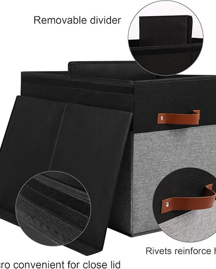 Large Toy Storage Box with Lid, Sturdy Toys Storage Chest Bin Organizer Basket with Dividers for Kids, Boys, Girls, Nursery, Closet, Bedroom, Playroom 25"x13" x16" (Black and Grey) - LeafyLoom