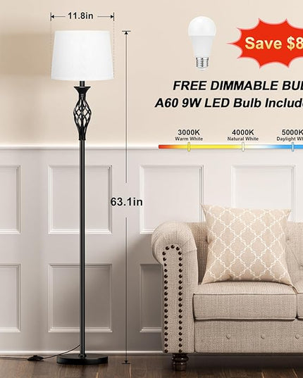 Ambimall Floor Lamps for Living Room - 3 Color Temperature Standing Lamp, Farmhouse Black Floor Lamp with White Shade, Vintage Modern Tall Light for Bedroom Office Corner(9W Bulb Included) - LeafyLoom