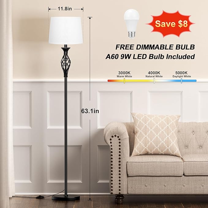 Ambimall Floor Lamps for Living Room - 3 Color Temperature Standing Lamp, Farmhouse Black Floor Lamp with White Shade, Vintage Modern Tall Light for Bedroom Office Corner(9W Bulb Included) - LeafyLoom