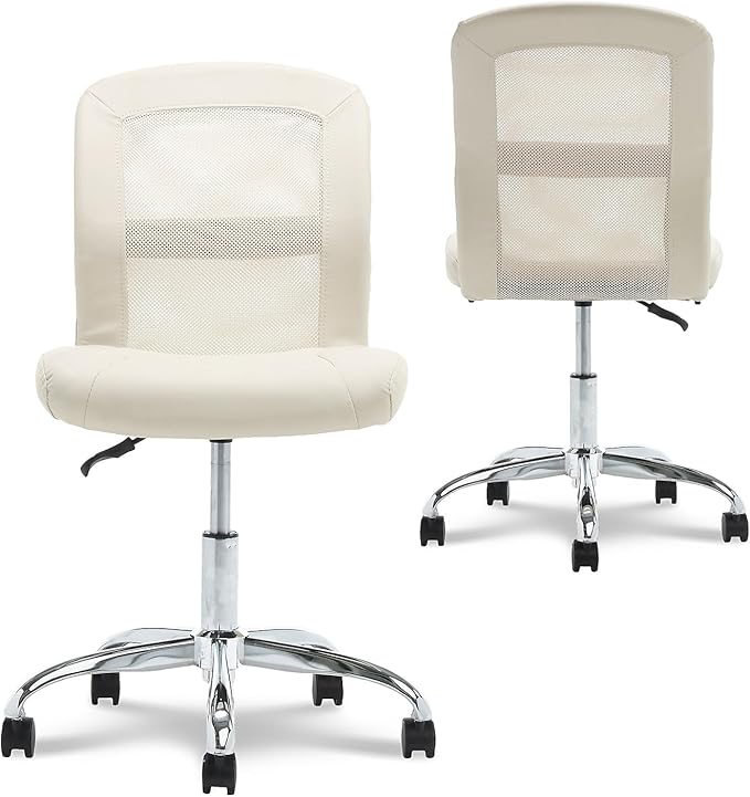 Serta Essential Armless Desk Chair Small TaskChair with Wheels, Breathable Mesh Back, SertaQuality Foam Cushion Seat for Comfort, Functional, Lightweight and Versatile, Task, Cream White - LeafyLoom