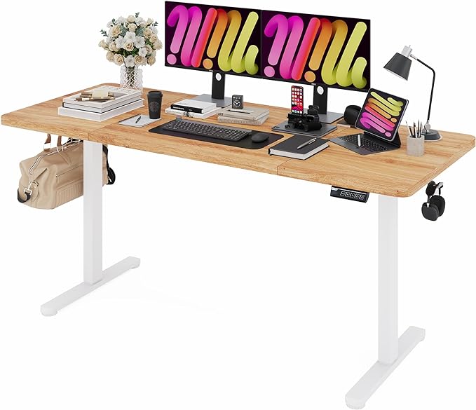 Monomi Electric Standing Desk, 63 x 28 inches Height Adjustable Desk, Ergonomic Home Office Sit Stand Up Desk with Memory Preset Controller (Natural Top/White Frame) - LeafyLoom