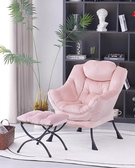 Lazy Chair with Ottoman, Modern Accent Chair Contemporary Lounge Leisure Upholstered Sofa Chair Set with Armrests, Reading Chair for Living Room, Bedroom, Office, Light Pink - LeafyLoom