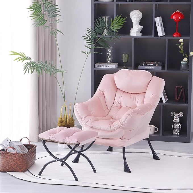 Lazy Chair with Ottoman, Modern Accent Chair Contemporary Lounge Leisure Upholstered Sofa Chair Set with Armrests, Reading Chair for Living Room, Bedroom, Office, Light Pink - LeafyLoom