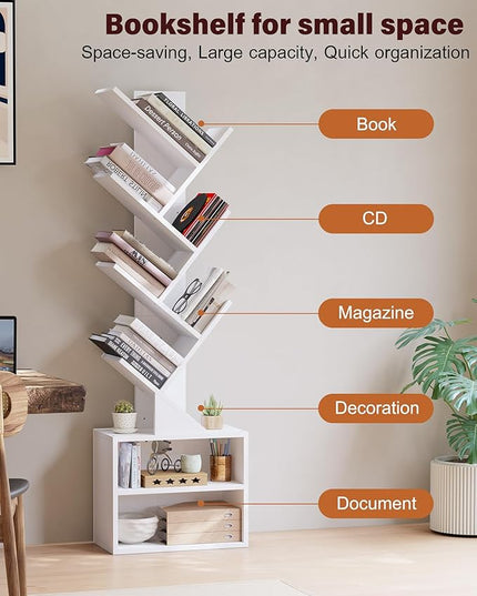 SUNMORY 6 Tier Tree Bookshelf, Tall Bookcase with Storage Cabinet, Modern Narrow Bookshelves Organizer, Floor Standing Book Shelf for Bedroom/Living Room/Home Office/Corner, White - LeafyLoom