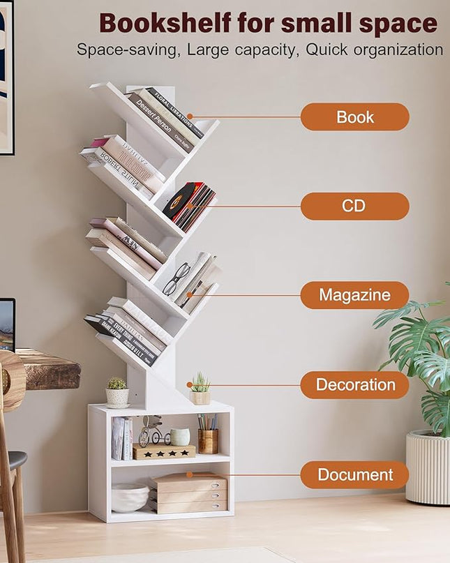 SUNMORY 6 Tier Tree Bookshelf, Tall Bookcase with Storage Cabinet, Modern Narrow Bookshelves Organizer, Floor Standing Book Shelf for Bedroom/Living Room/Home Office/Corner, White - LeafyLoom