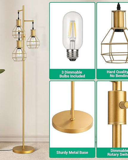EDISHINE Industrial Dimmable Floor Lamp Gold, Farmhouse Standing Lamp for Living Room with 3 LED Edison Bulbs, Modern Tall Standing Corner Lamp with Metal Diamond Cage for Bedroom, Office - LeafyLoom