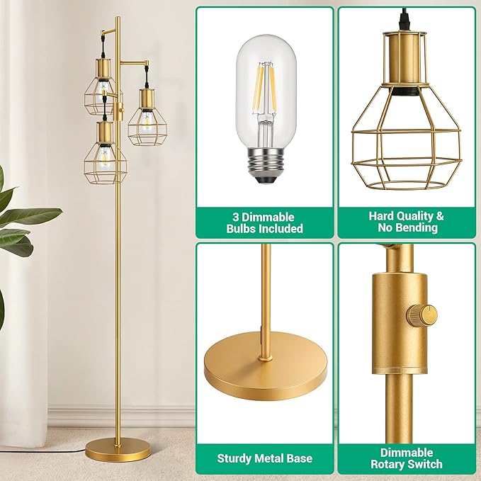 EDISHINE Industrial Dimmable Floor Lamp Gold, Farmhouse Standing Lamp for Living Room with 3 LED Edison Bulbs, Modern Tall Standing Corner Lamp with Metal Diamond Cage for Bedroom, Office - LeafyLoom
