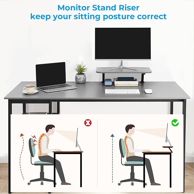 GreenForest Computer Home Office Desk with Monitor Stand and Reversible Storage Shelves,55 inch Modern Simple Writing Study PC Work Table,Grey - LeafyLoom