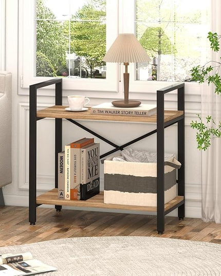 BON AUGURE Small Bookshelf for Small Space, Industrial 2 Tier Wood Metal Bookcase, Rustic Short Book Shelf for Living Room, Bedroom and Office (Vintage Oak) - LeafyLoom