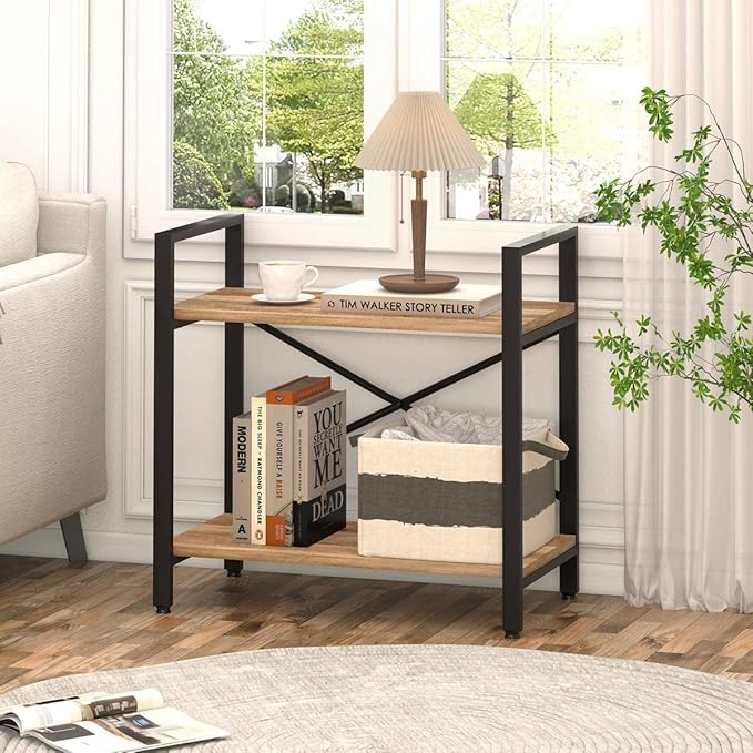 BON AUGURE Small Bookshelf for Small Space, Industrial 2 Tier Wood Metal Bookcase, Rustic Short Book Shelf for Living Room, Bedroom and Office (Vintage Oak) - LeafyLoom