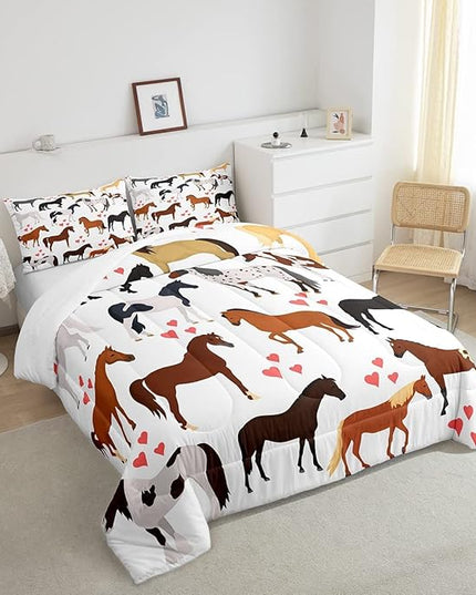 Erosebridal Kawaii Comforter Horse Comforter Set King Farm Bedding Set Kids Boys Girls Cute Animal Duvet Set Cartoon Horses with Pink Lover Heart Bedroom Decor Duvet Set Cowboy Cowgirls Comforter Set - LeafyLoom