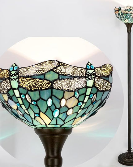 WERFACTORY Tiffany Floor Lamp Sea Blue Stained Glass Dragonfly Light 12X12X66 Inches Pole Torchiere Standing Corner Torch Uplight Decor Bedroom Living Room Home Office S147 Series - LeafyLoom