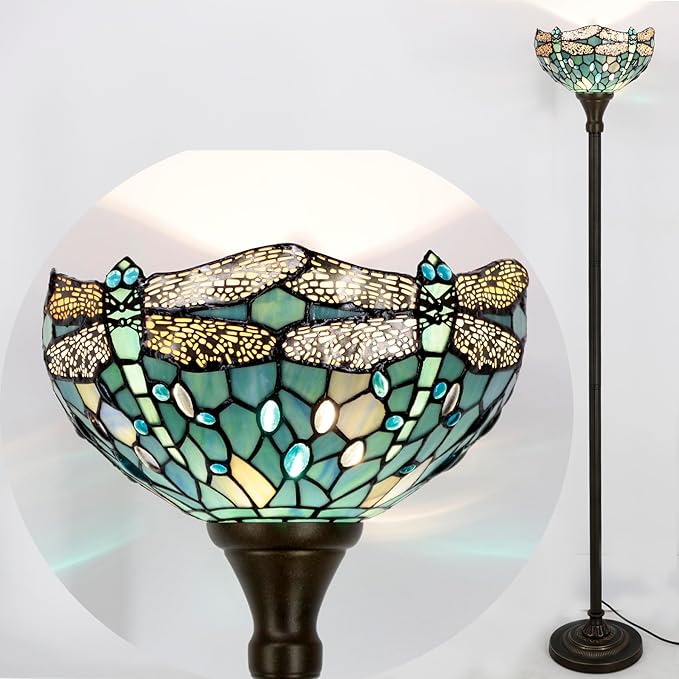 WERFACTORY Tiffany Floor Lamp Sea Blue Stained Glass Dragonfly Light 12X12X66 Inches Pole Torchiere Standing Corner Torch Uplight Decor Bedroom Living Room Home Office S147 Series - LeafyLoom