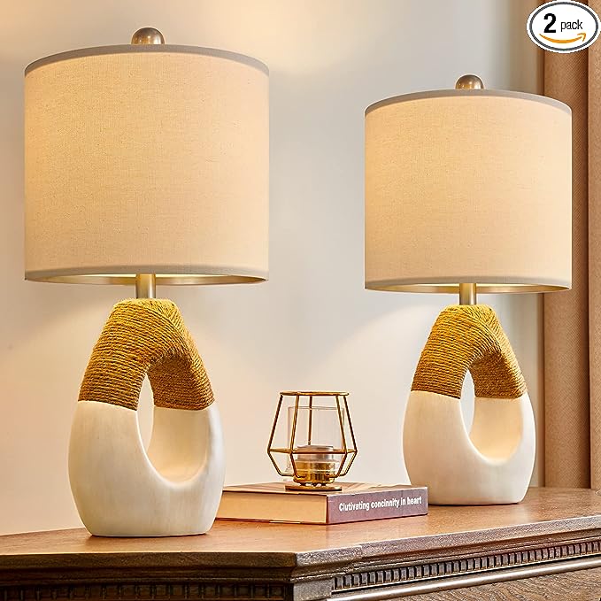 OYEARS Boho Table Lamps Bedroom Living Room Set 2 Small Farmhouse Rattan Table Lamp 19”Rustic Home Decoration Nightstand Bedside Lamp for Office Compatible with Smart Light Bulbs(Not include Bulbs) - LeafyLoom