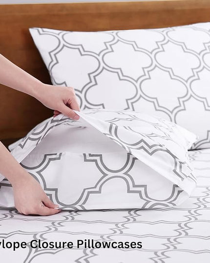 LANE LINEN 100% Organic Cotton Sheets Queen, 4-Piece Bed Sheets Queen Size Cotton, Luxury Sheets, Percale Weave,Breathable Bed Sheets Queen Size Deep Pockets Fits Upto 15" - Trellis Silver - LeafyLoom