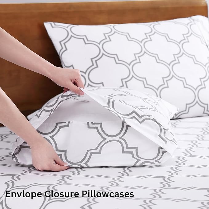 LANE LINEN 100% Organic Cotton Sheets Queen, 4-Piece Bed Sheets Queen Size Cotton, Luxury Sheets, Percale Weave,Breathable Bed Sheets Queen Size Deep Pockets Fits Upto 15" - Trellis Silver - LeafyLoom