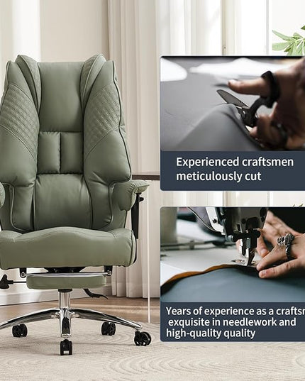 Big and Tall Office Chair 400lbs Wide Seat, Leather High Back Executive Office Chair with Foot Rest, Ergonomic Office Chair Lumbar Support for Lower Back Pain Relief (Light Green) - LeafyLoom