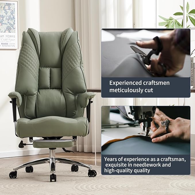 Big and Tall Office Chair 400lbs Wide Seat, Leather High Back Executive Office Chair with Foot Rest, Ergonomic Office Chair Lumbar Support for Lower Back Pain Relief (Light Green) - LeafyLoom