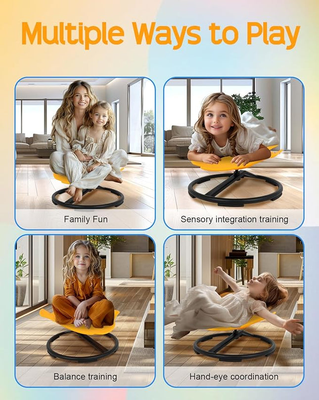 Kids Swivel Chair, Kids Spinning Chair Yellow Sensory Products Wobble Chair Metal Base Non-Slip Seat and Spin Chair for Autism Child Body Coordination Training Age 2-10 - LeafyLoom